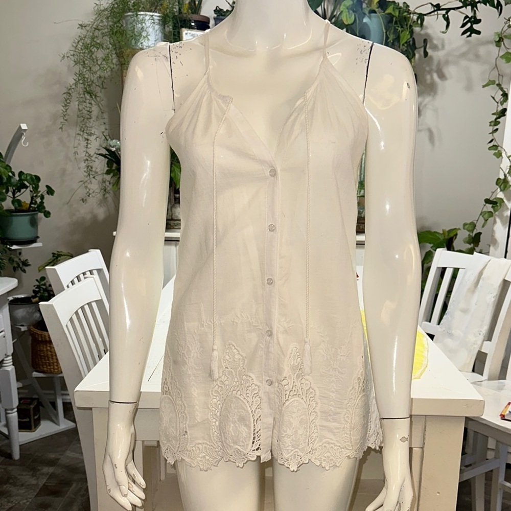 solitaire small Elegant button down boho romantic halter White Lace Trim Top